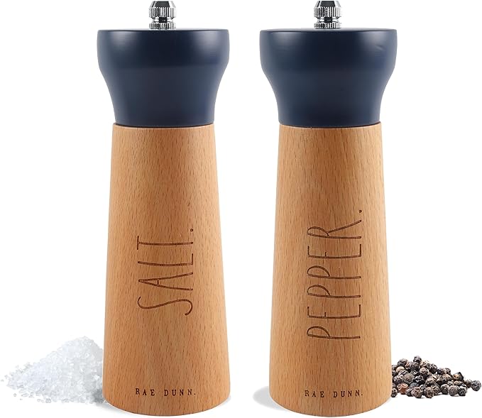 Rae Dunn Salt and Pepper Grinder Set of 2 - Bamboo Sea Salt Pepper Grinder - Classy Salt and Pepper Shakers - Pepper Mill & Salt Mill, Blue
