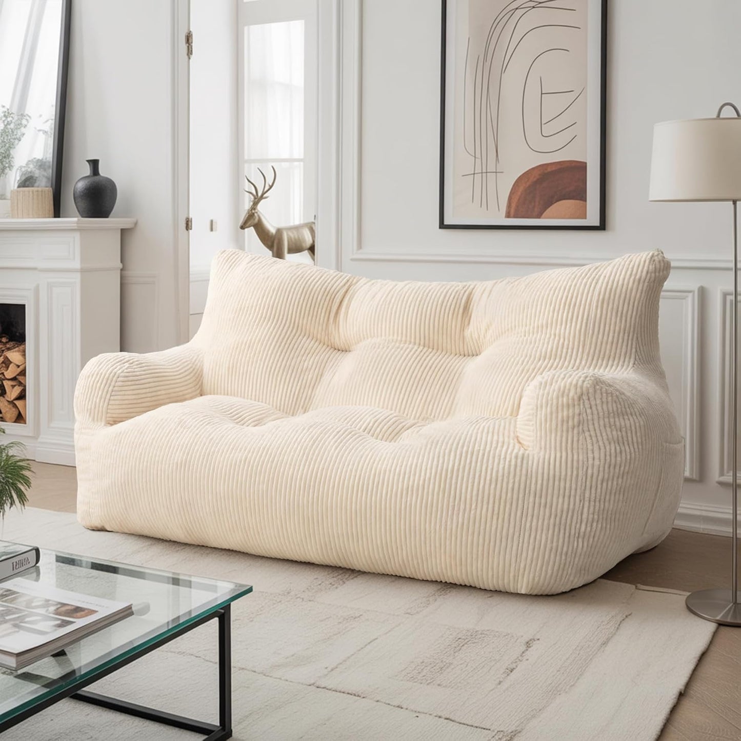 Pamapic Bean Bag Chair,2 Seat Loveseat Sofa,Ultra Soft Dutch Velvet,Fluffy Comfort Washable Cover,Corduroy Lazy Sofa Bed for Adults,Fit Living Room, Bedroom,Outdoor Spaces,White