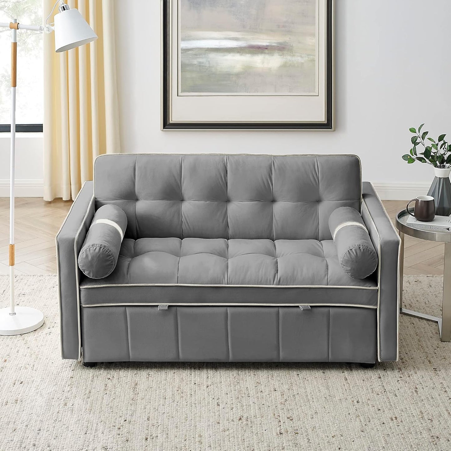 ERYE 3 in 1 Tufted Sleeper Sofa Bed with Cylindrical Pillows,Modern Convertible Loveseat Sofá W Pull Out Sleep Couch Bed and Side Pockets,Velvet Upholstered Love Seat Sofabed for Living Room