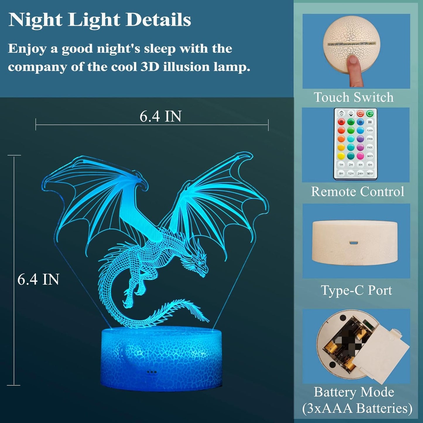 Dragon Night Light, Dragon Gifts, 3D Illusion Lamp with 16 Colors Changing, Timer, 4 Flash Modes and Dimmable, Kids Boys Girls Room Decoration, Holiday Xmas Gifts