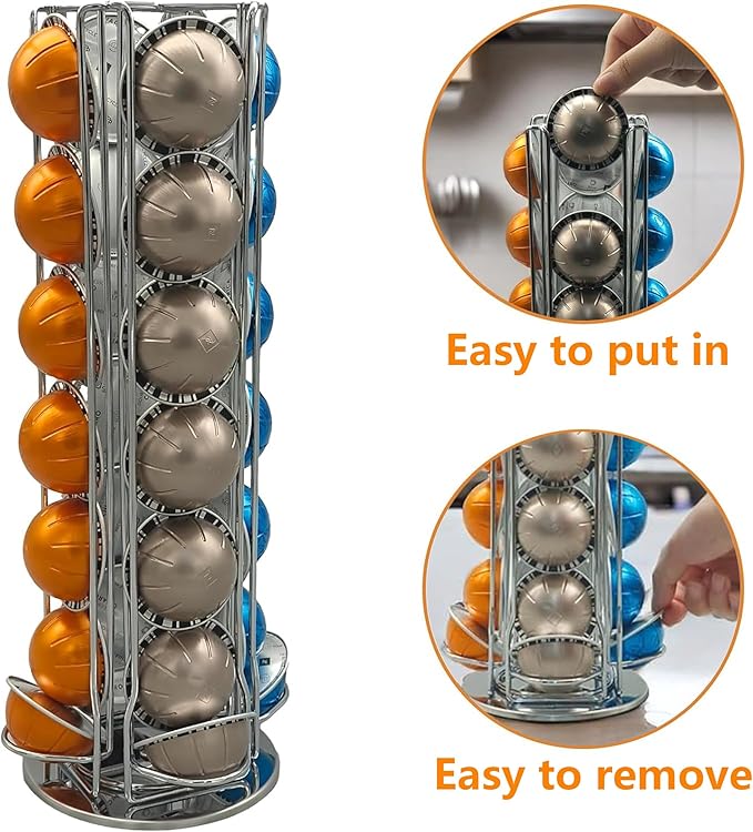 Vertuo Pod Holder Carousel Stand for 28 Nespresso Vertuo Capsule Storage Organizer with Extra Space for Coffee Mate Silent Rolling