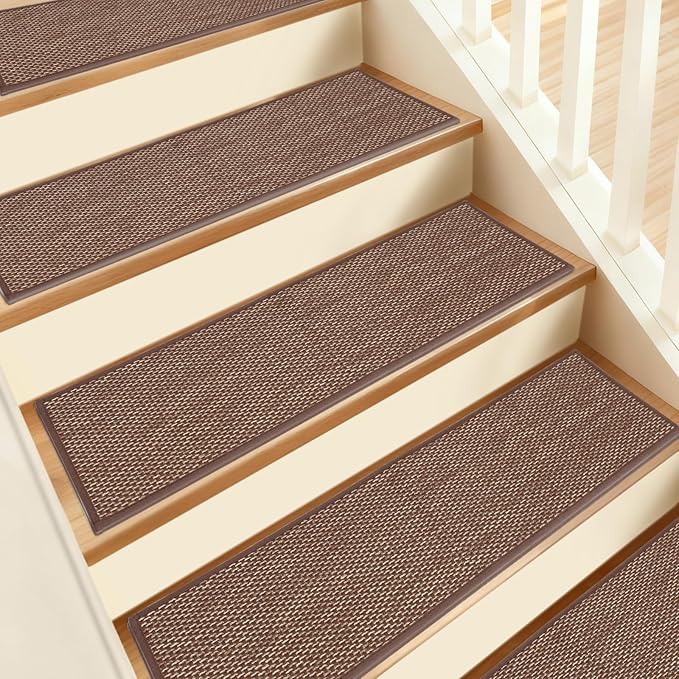 Natural Linen Non Slip Stair Treads, 15 Pack 8" X 30" Carpet Stair Treads with Reusable TPE Adhesive Backing, Non Slip Stair Runner Indoor for Kids Elders and Pets, Machine Washable, Brown Weave