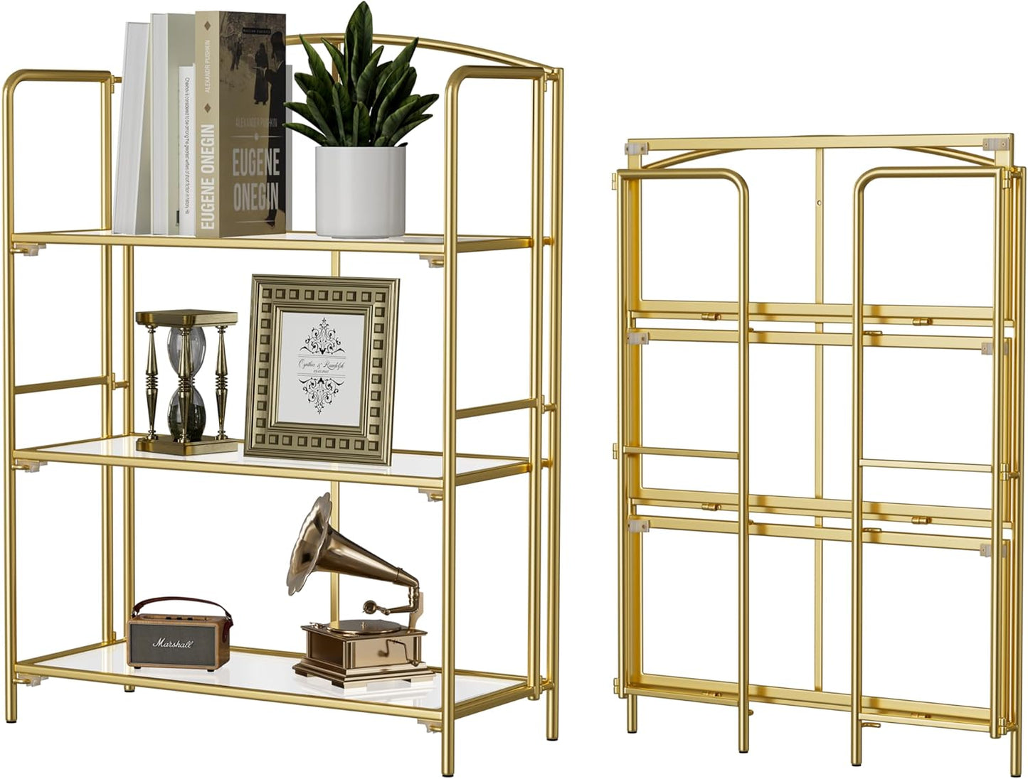 Crofy No Assembly Folding Bookshelf for Living Room, 3 Tier Gold Collapsible Book Shelf for Home Office, Portable Bookcase Storage Organizer