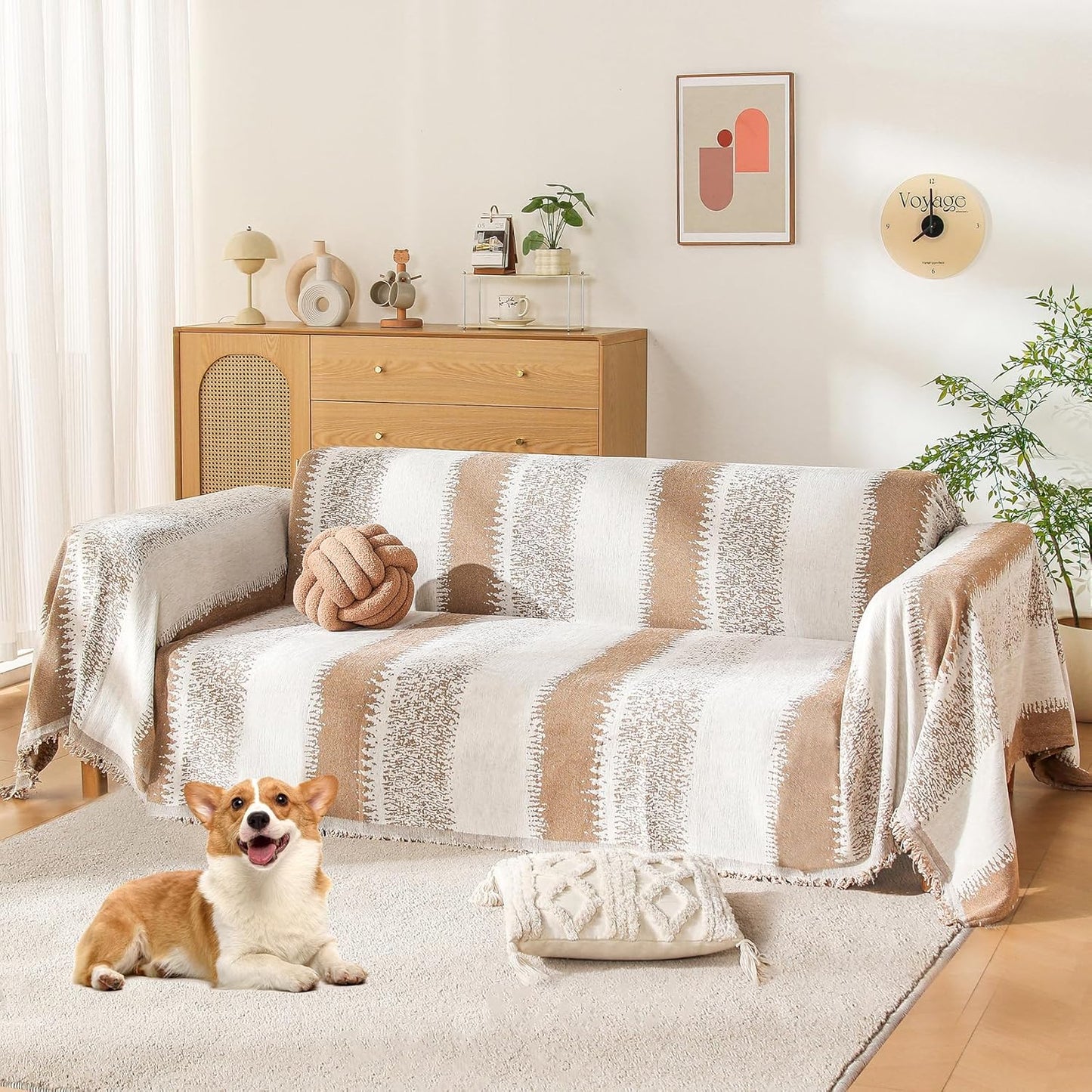 Boho Couch Cover, Sofa Cover, Sofa Covers for 2 Cushion Couch, Washable Sectional Couch Covers for Dogs Pet Furniture Protector Couch Cover Blanket for Living Room (1# Khaki, 71" x 118")