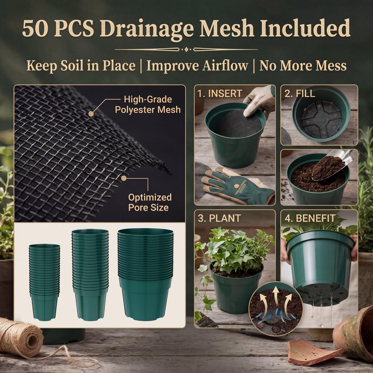 Chumia 50 Set Plastic Nursery Pots with Mesh Pad 4", 6", 8" Grow Sturdy Plastic Plant Pots Drainage Holes for Seed Starting Indoor Outdoor Flower Planter, Green