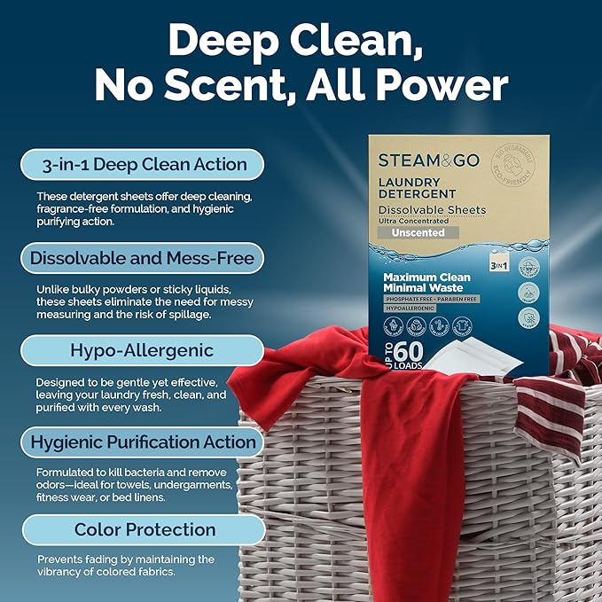 Steam & Go 3-in-1 Dissolvable Laundry Detergent Sheets - Hypoallergenic & Fragrance-Free - Unscented, 30 Count