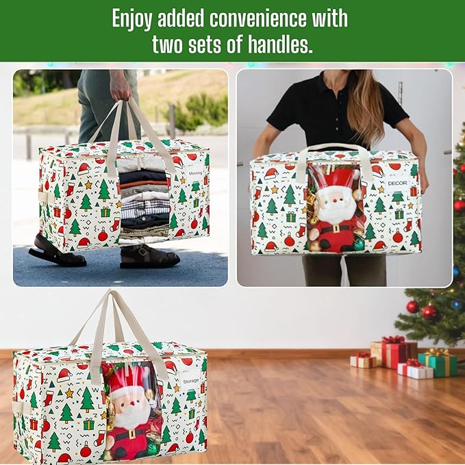 VENO 2 Pack Moving Bags, Large Christmas Storage Bins with lids, Packing Supplies for College, Alternative to Moving Boxes, Foldable, Heavy-Duty Tote, Christmas Pattern (Jingle Mix, 2 Pack)