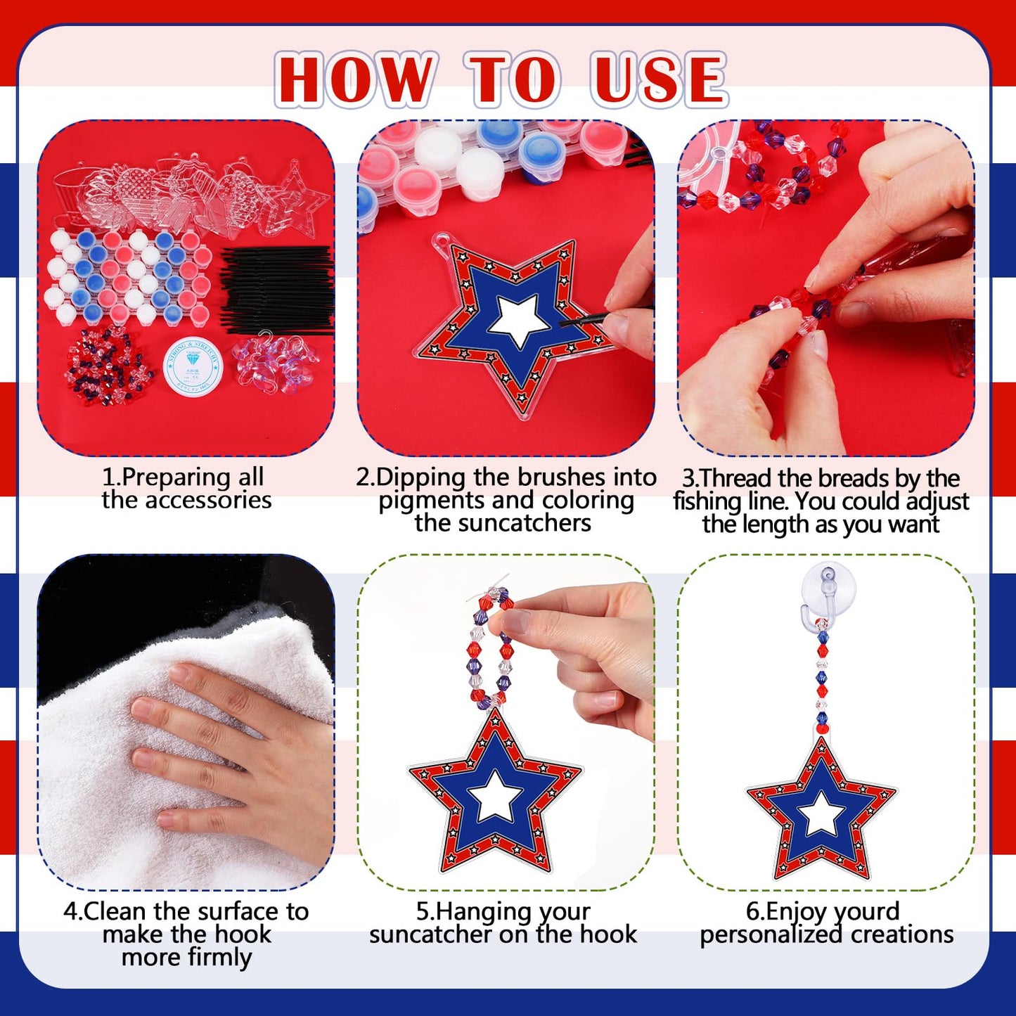 WinnerWhy 30 Sets 4th of July Crafts Bulk, Patriotic 250th Anniversary Stained Glass Sun Catcher Art Kits for Memorial Day Home Party Project Activities Hanging Ornaments