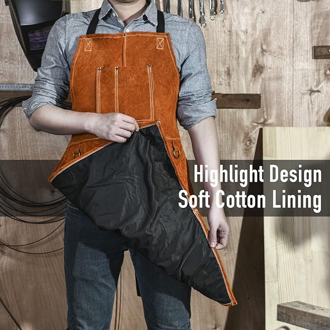 Leather Welding Work Apron - Heat Resistant & Flame Resistant Bib Apron, Flame Retardant Heavy Duty BBQ Apron