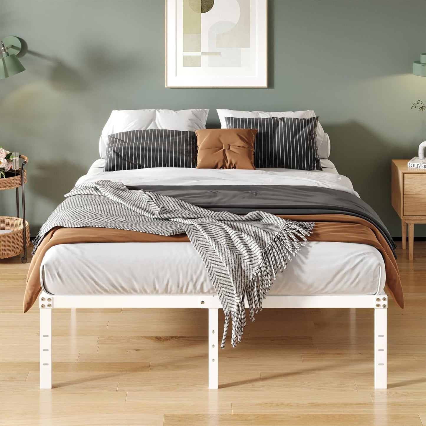 16 Inch White Full Size Bed Frame No Box Spring Need, Metal Platform Full Bed Frames with High Storage, Eassy Assembly 3,500 lbs Heavy Duty Bedframes