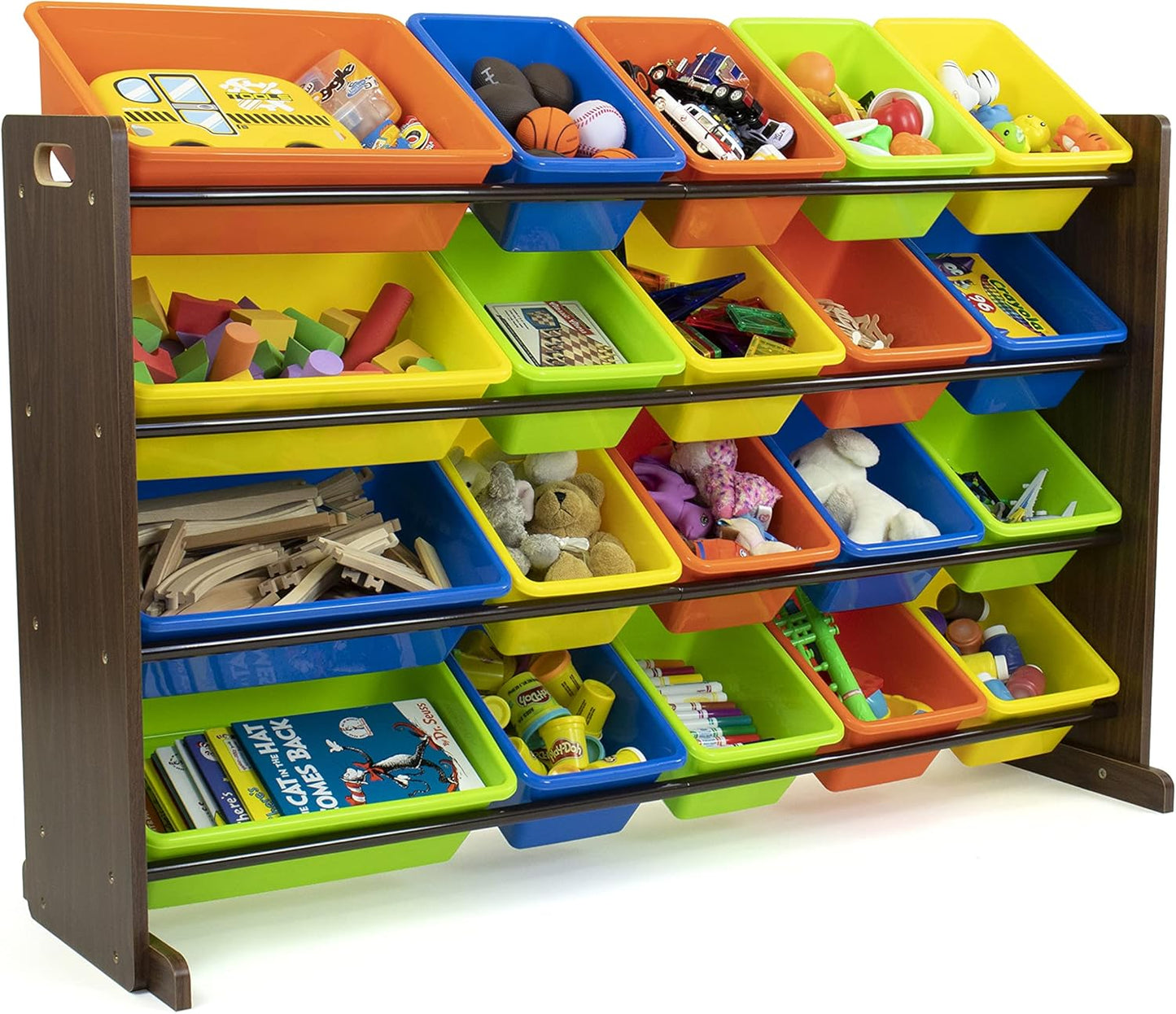 Humble Crew Extra-Large Toy Organizer with 20 Plastic Bins – Dark Walnut/Neon Storage Rack with 4-Tier Shelves, Anti-Tip Safety, for Kids’ Rooms, Playrooms, Nurseries & Classrooms