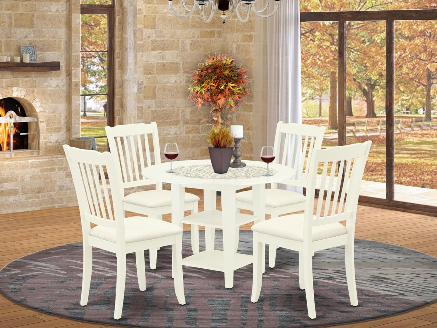 East West Furniture SUDA5-LWH-C 5 Piece Kitchen Table Set for 4 Includes a Round Dining Room Table with Dropleaf & Shelves and 4 Linen Fabric Upholstered Chairs, 42x42 Inch, Linen White
