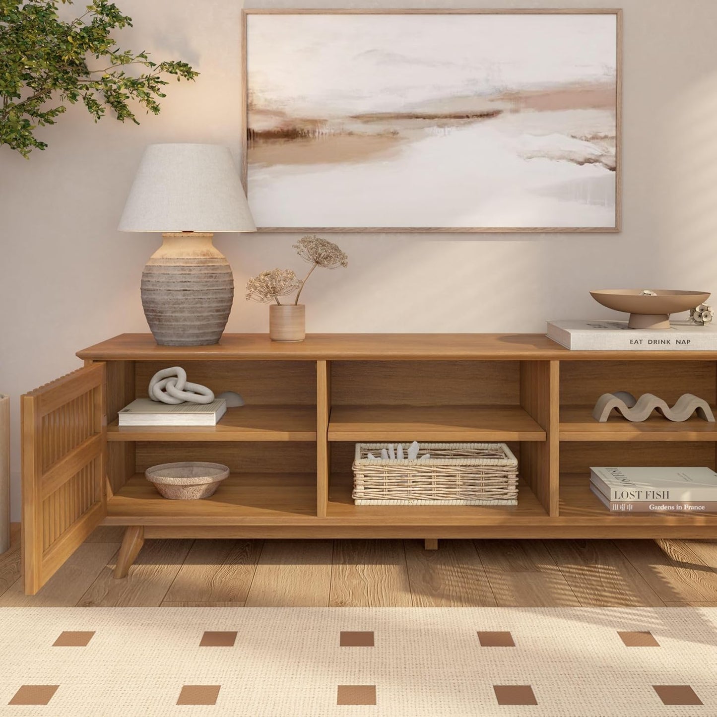 Plank+Beam Mid-Century Modern Wood TV Stand, Solid Wood Entertainment Console with Storage, 59" L x 16" W x 19" H, Pecan