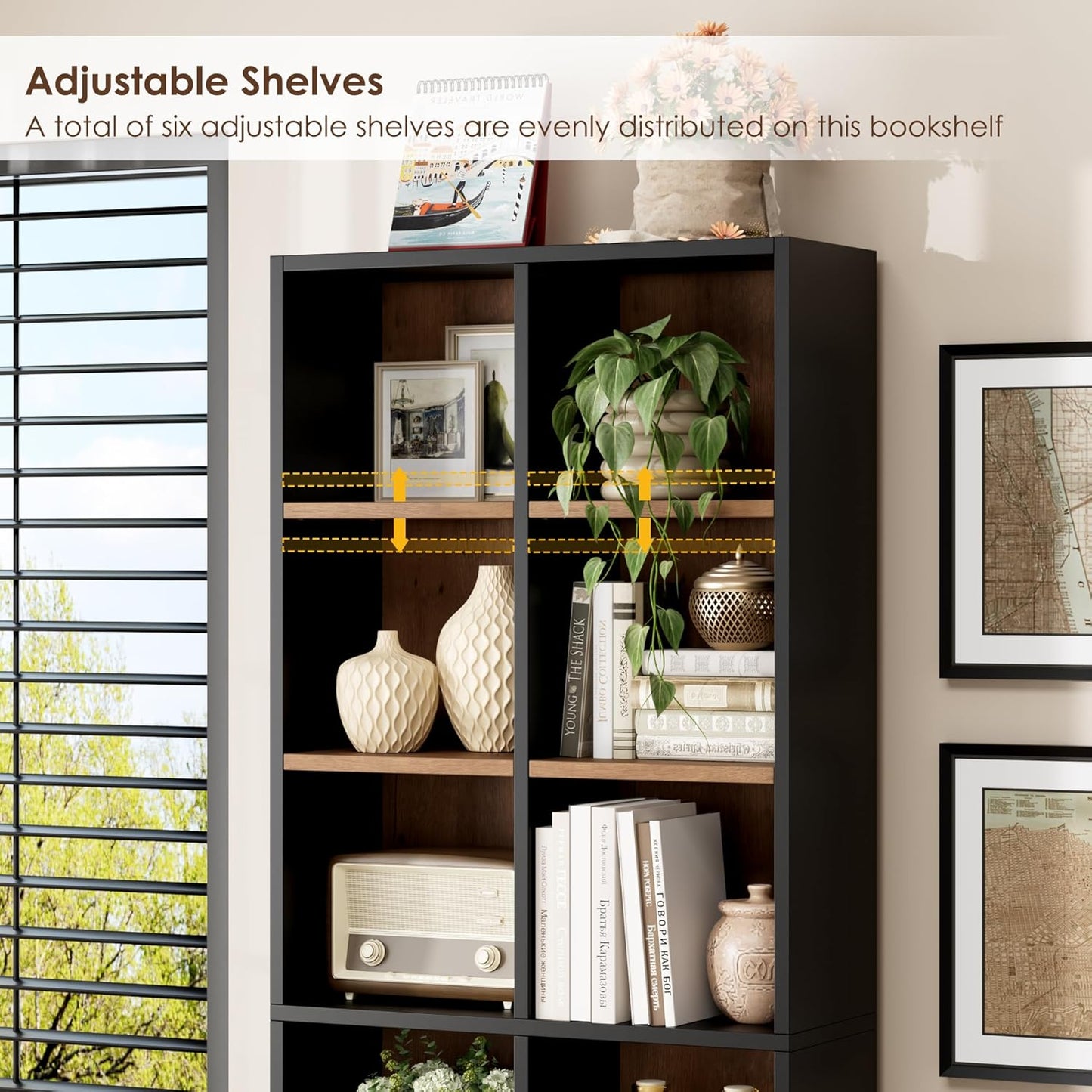 FOTOSOK 71'' Tall Bookshelf, Double Wide Media Tower Rack CD DVD Rack Display Cabinet with Adjustable Shelves, Tall Narrow Bookcase Bookshelf for Home Office, Black/Brown