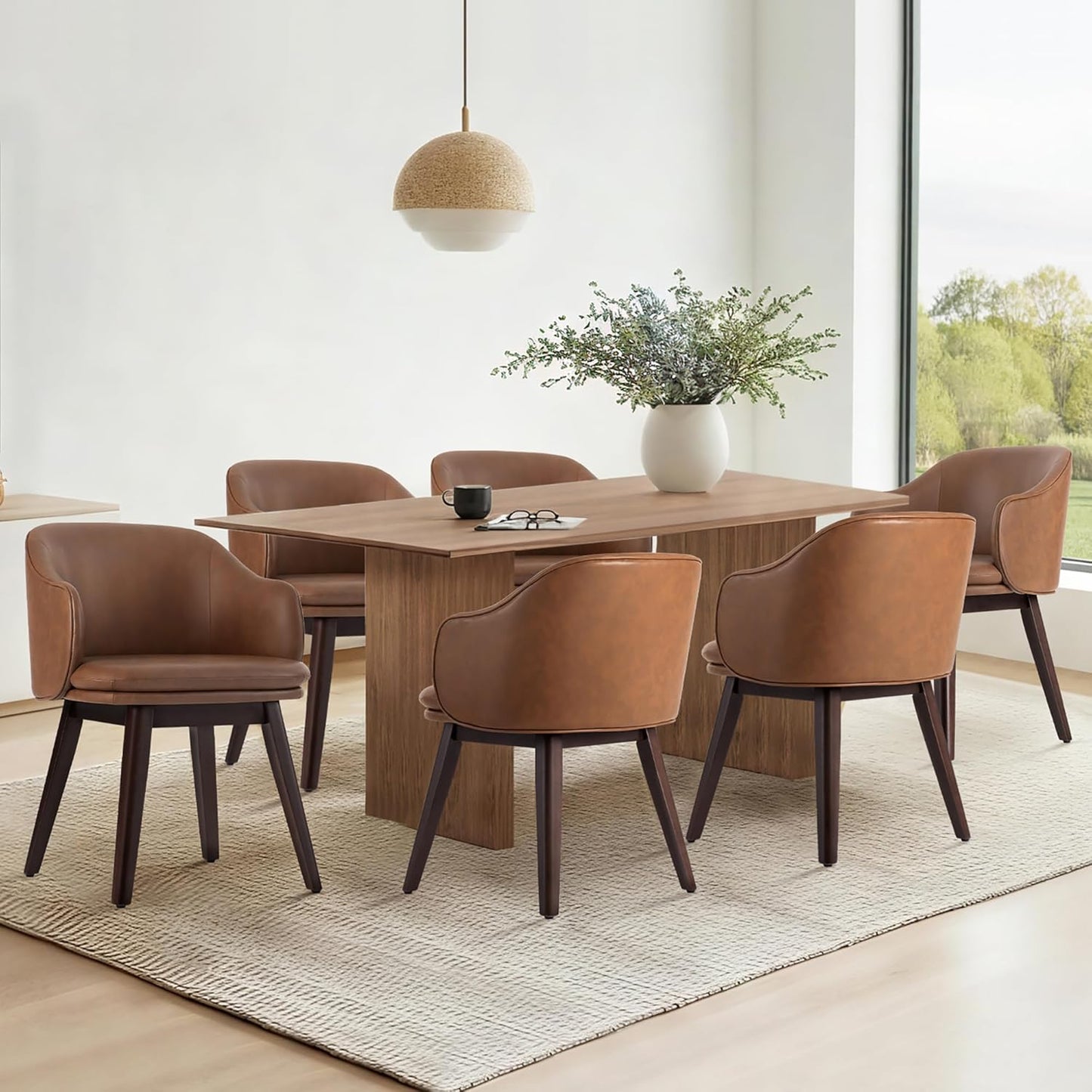 Wooden Dining Chairs Set of 4, Faux Leather Upholstered Modern Dining Room Chairs with Barrel Backrest & Double-Layer Thick Cushion for Living Room, Restaurant, Kitchen and Café, Brown, 2 Boxs