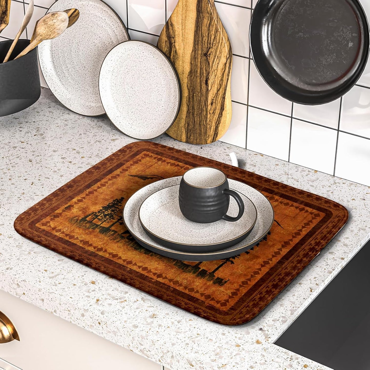 Forest Bear Dish Drying Mat 16x18 Inch Rustic Cabin Washable Microfiber Absorbent Dishes Drainer Rack Pad for Kitchen Counter Home Decor