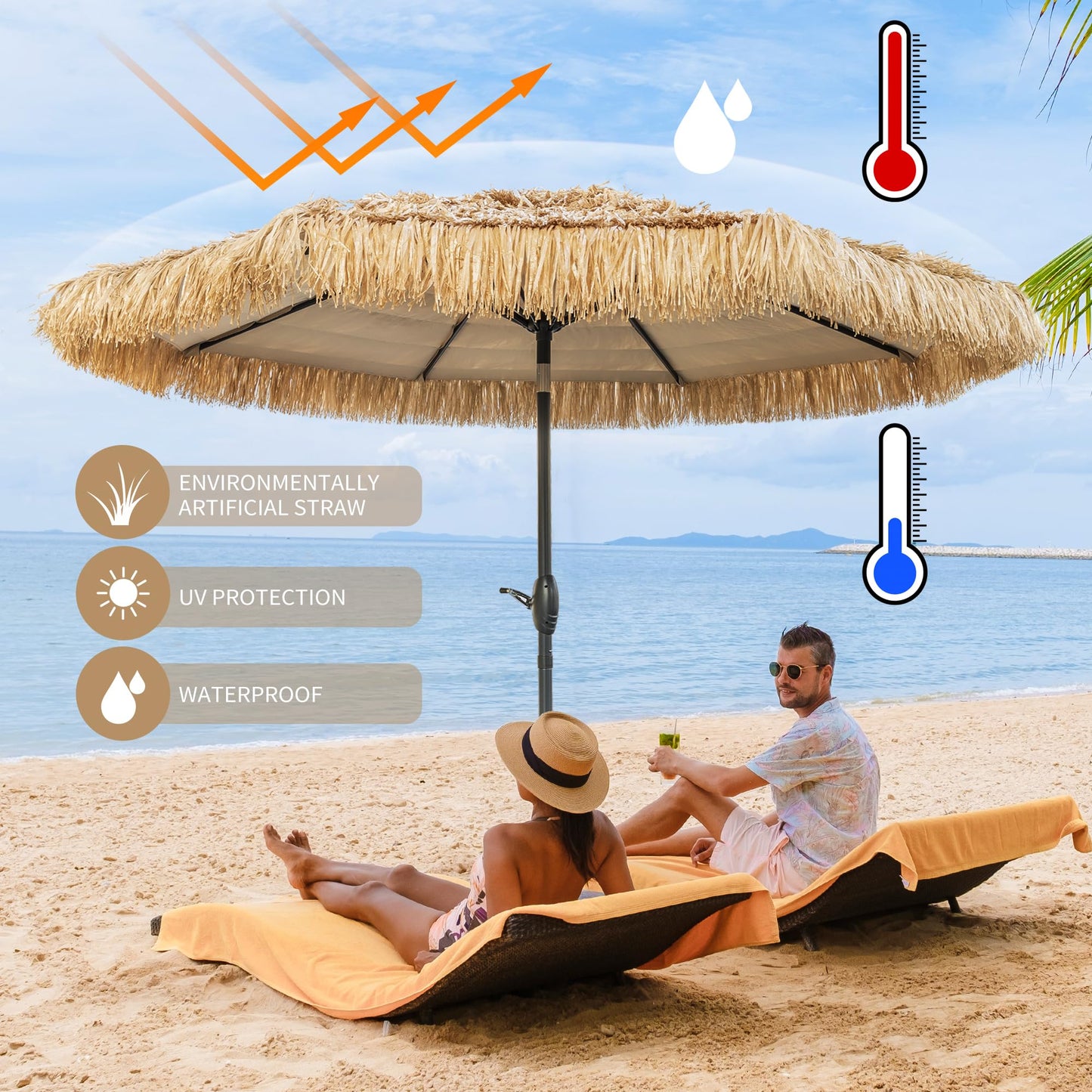 CBFULLRES 8FT Tiki Umbrella, Patio Umbrella Thatched Umbrella Outdoor Patio, Upgrade with UPF 50+, Tiki Beach Umbrellas with Zinc Alloy Push Button Tilt and for Pool Backyard