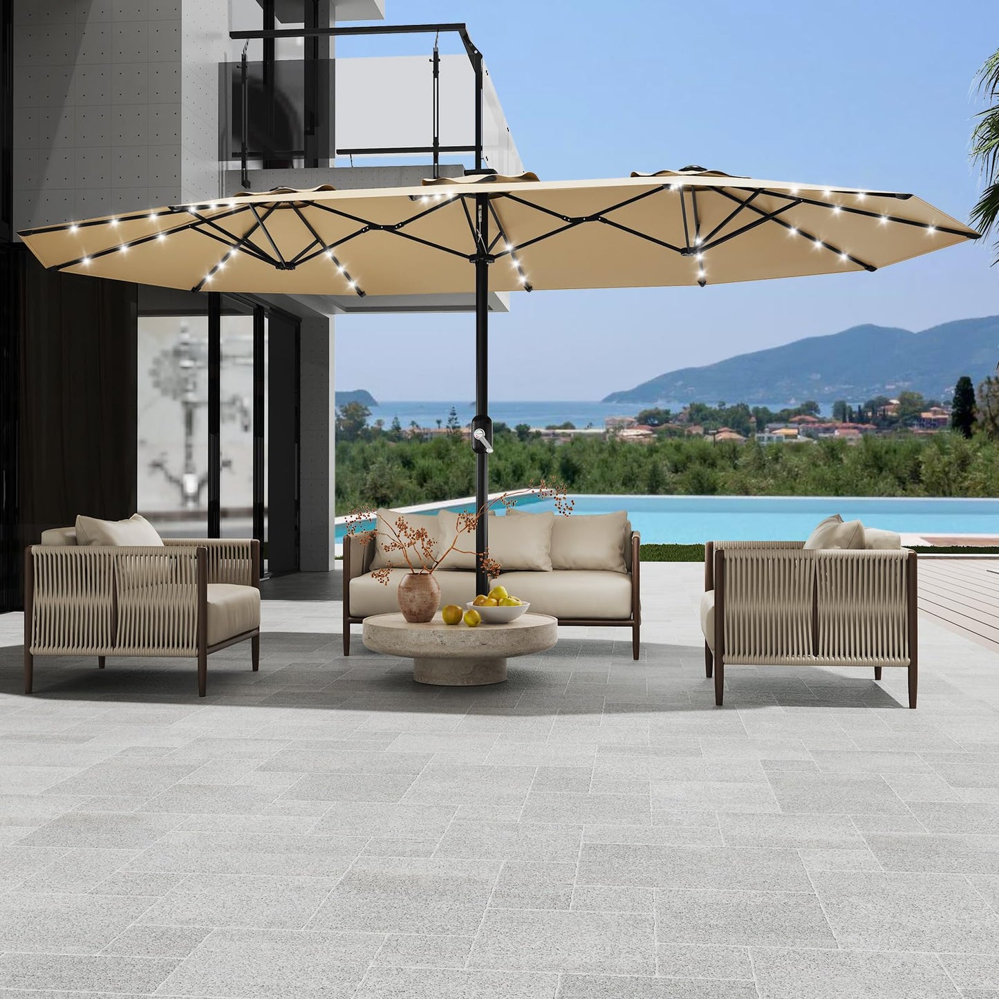 GarveeTech 15FT Solar Patio Umbrella with 36 LED Lights, Weighted Base Included, Tilt and Crank Market Umbrella for Backyard, Garden, Deck, Pool, Beach, Beige