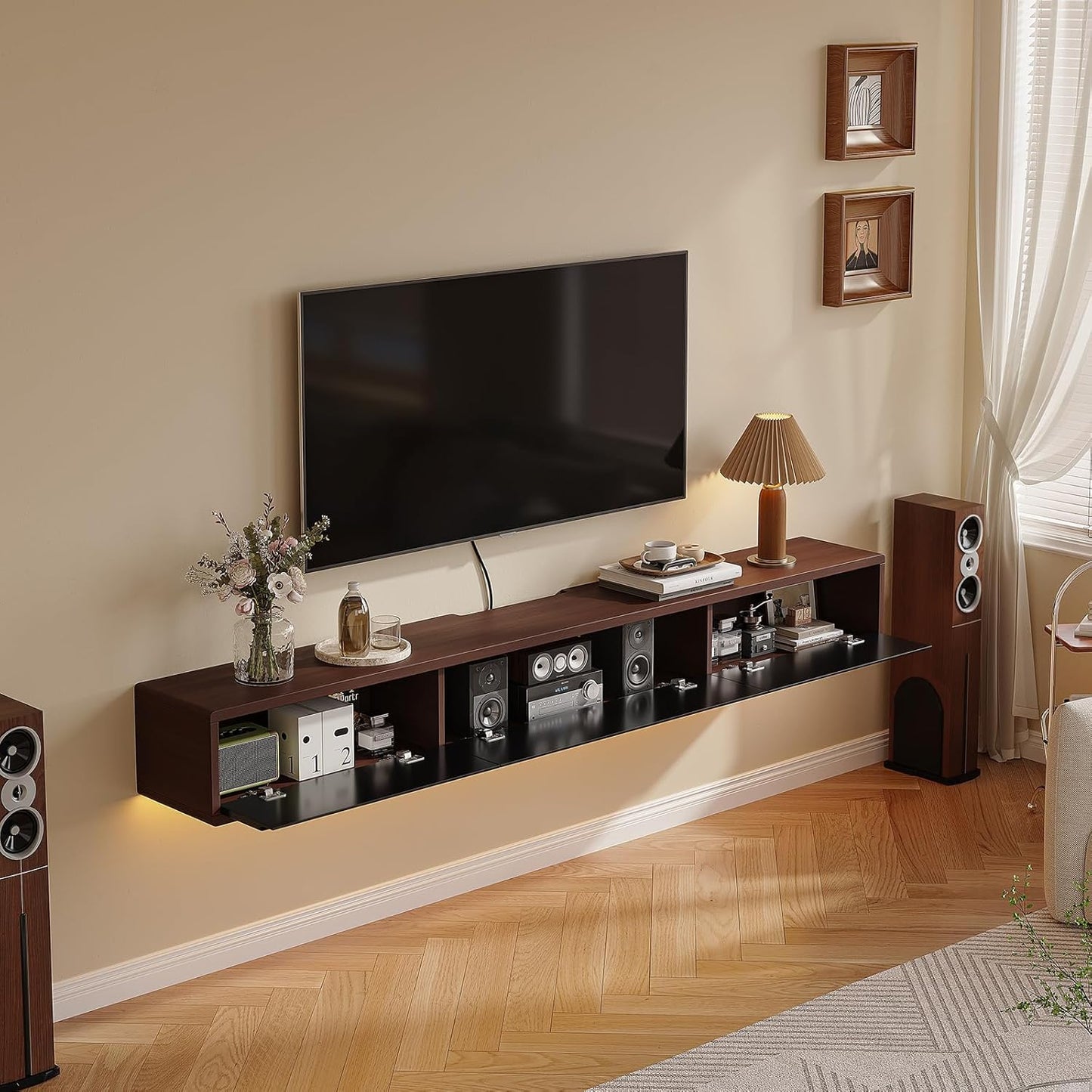 Floating TV Stand Matte Finish, 55'' Wall-Mounted TV Cabinet,Floating TV Console,Under TV Shelf with 3 Doors for Living Room Bedroom(Walnut+Black)