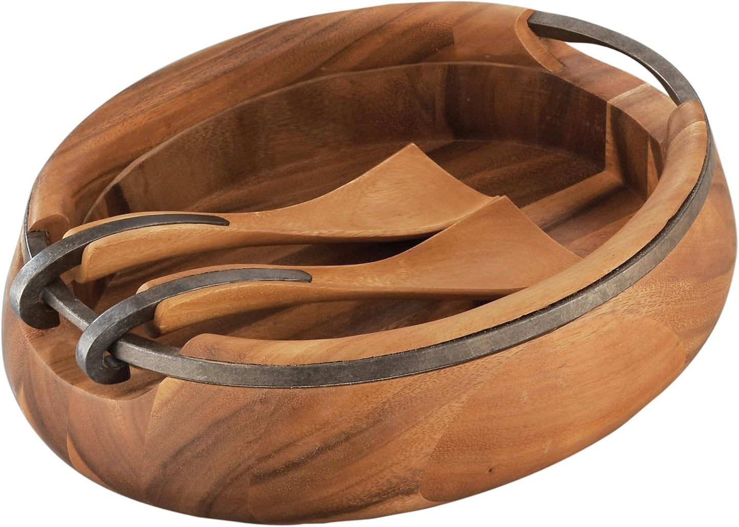 nambe Anvil Salad Bowl with Servers | Large Wooden Serving Bowl for Fruit, Salads | Made of Acacia wood and Iron Finished Nambe Alloy | Designed by Neil Cohen