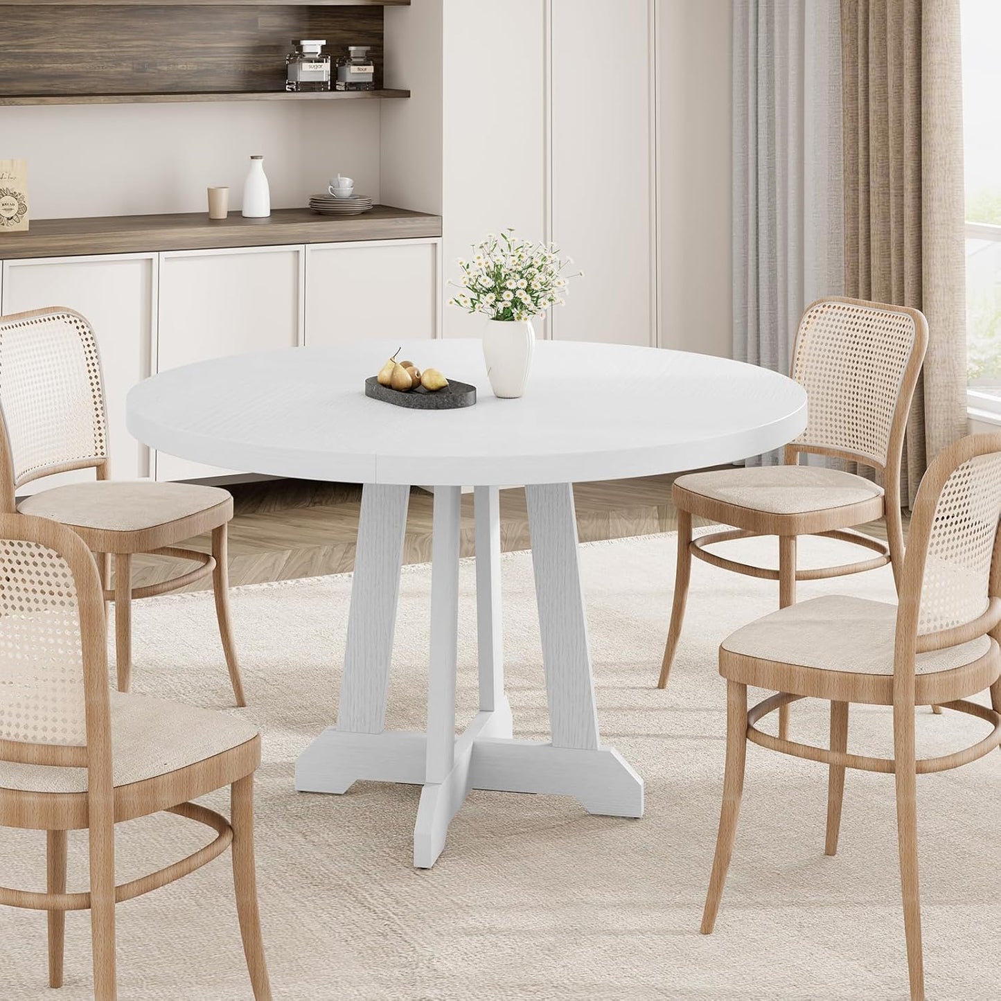 Garvee Dining Table for 4 to 6 People, 47 Inch Round Dining Table, Wooden Kitchen Table with Sturty Legs, Dining Room Table for Dining Room, Kitchen，White