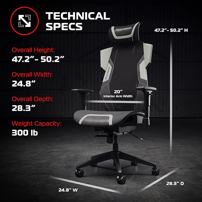 Respawn FLEXX Ergonomic Office and Gaming Chair with Lumbar Support - Breathable Mesh Recliner with Headrest & Adjustable Arms, Comfy Home Office Desk Chairs, Reclining Gaming Seat for Adults - Gray