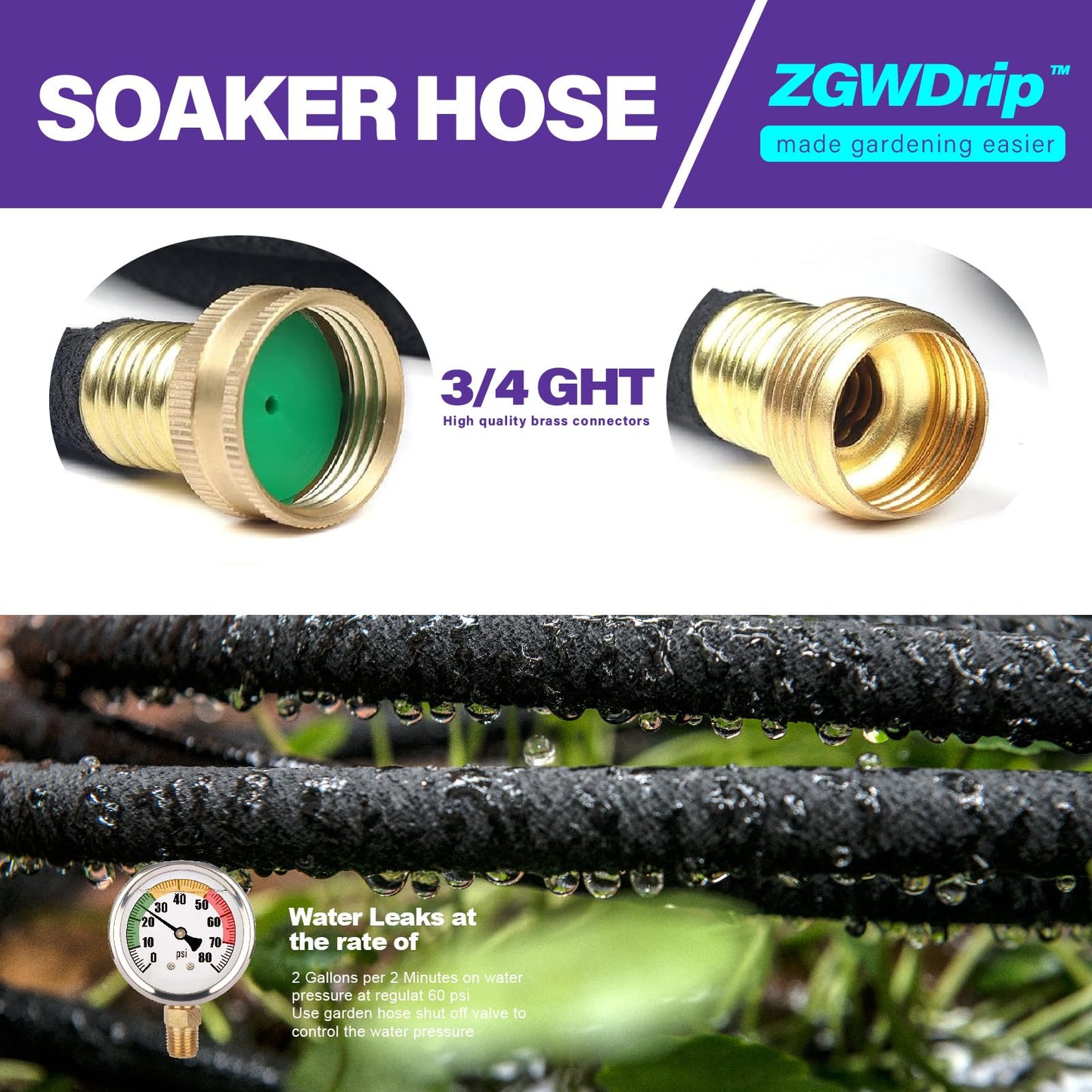 ZGWDrip 25FT 1/2" Water-Saving Soaker Hose with Solid Brass Connectors, Drip Irrigation Kit for Lawn & Yard