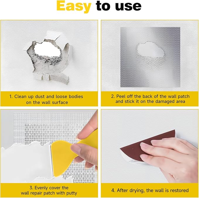12 Inch Drywall Repair Kit, Self-Adhesive Mesh Drywall Repair Patch, The Wall Repair Kit with Scraper and Sandpaper is Suitable for Repairing Large Holes in Walls and Ceilings, Wall Hole Repair Tool