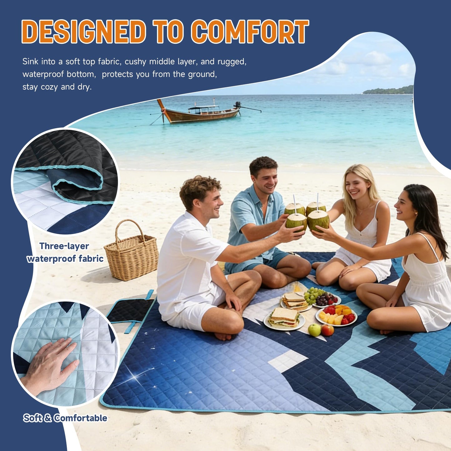 Catalonia Extra Large Waterproof Picnic Blanket 70" x 80", Foldable Beach & Camping Mat for Park Patio Lawn Garden Grass Ground Concert & Music Festival, Ideal Outdoor Accessory Gift