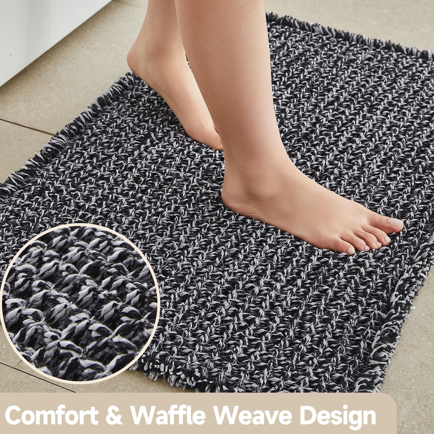 Black and White Bathroom Rugs, Waffle Bath Mat Non Slip Washable Super Absorbent Quick Dry Boho Farmhouse Bathroom Decor, 36"x24" Black and White