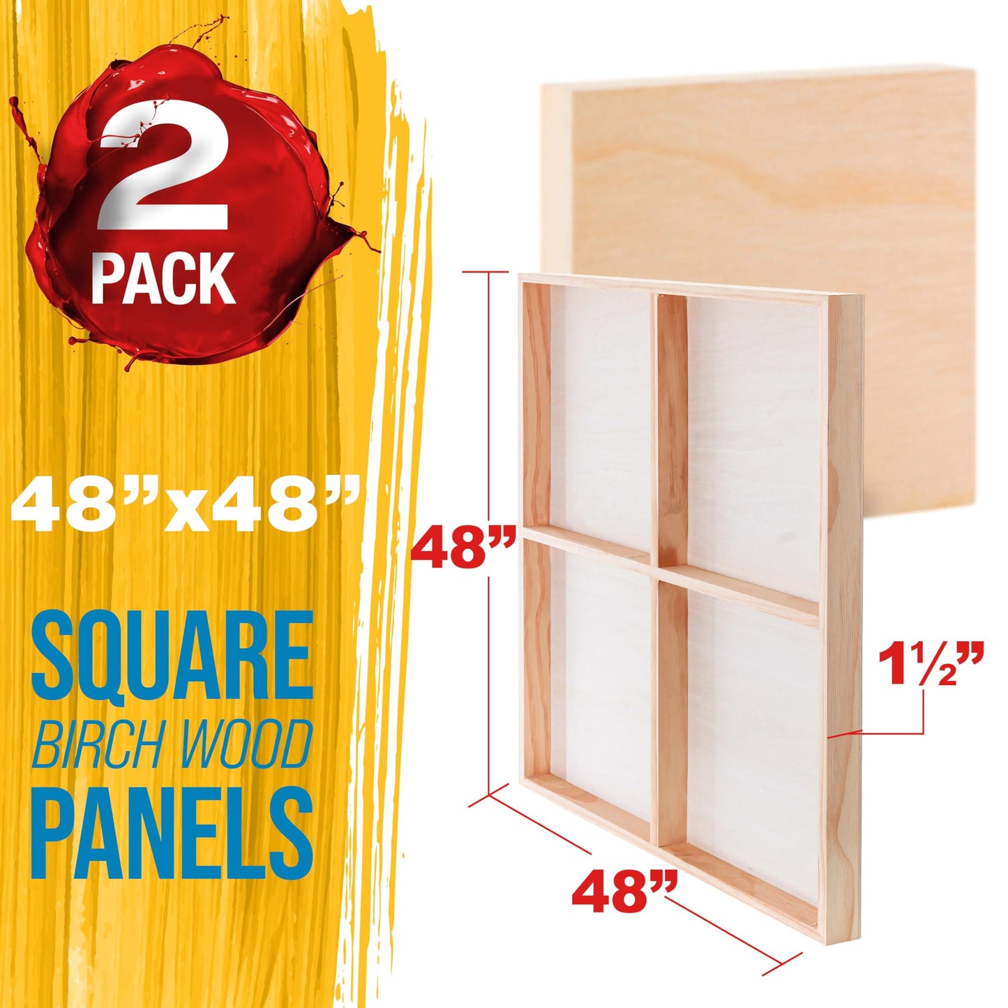 U.S. Art Supply 48" x 48" Unfinished Cradled Wood Panels for Painting, Gallery 1-1/2" Deep (2 Pack) - Artist Depth Wooden Wall Canvases - Mixed-Media Craft, Acrylic, Oil, Encaustic, Paint Pouring
