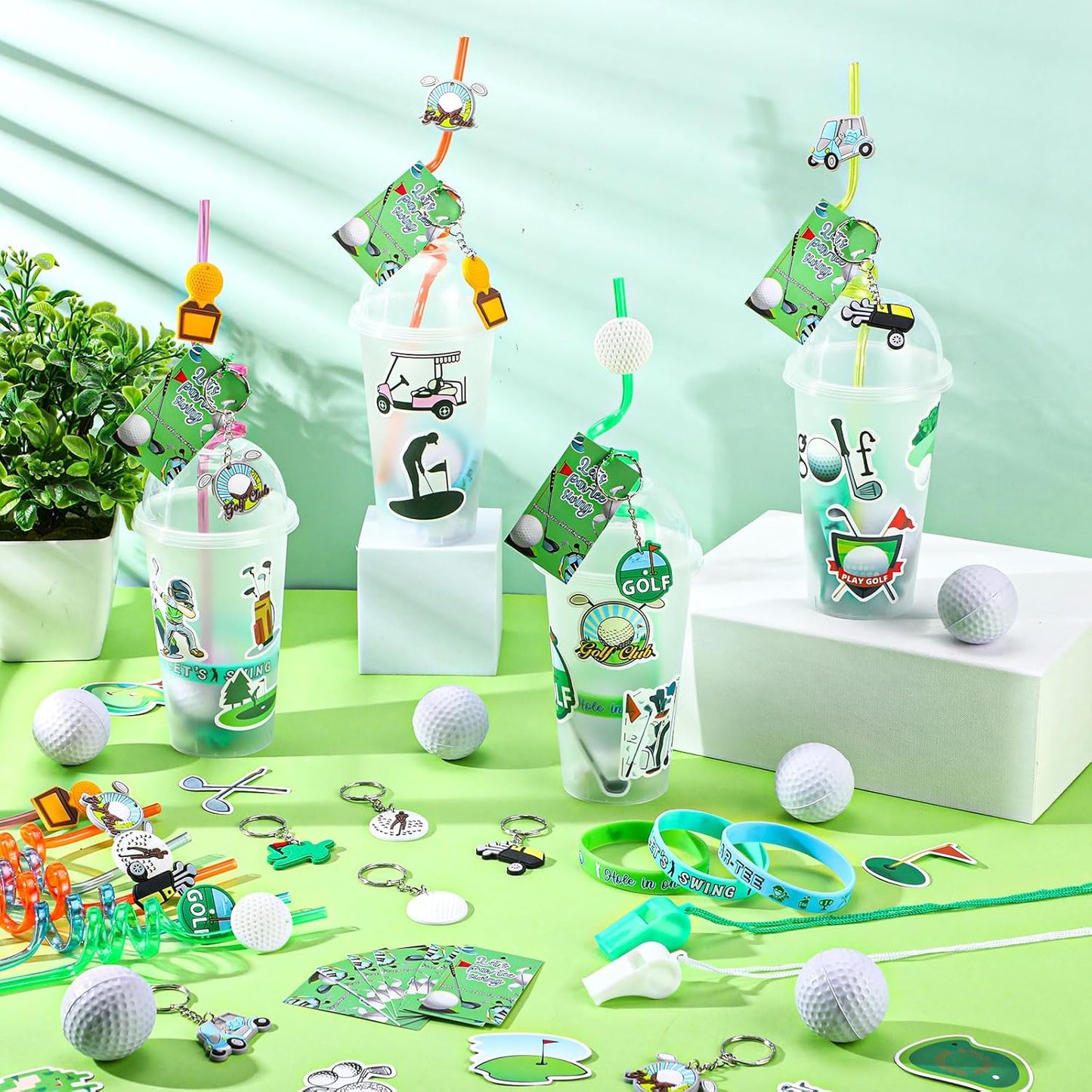 Weysat 184 Pcs Golf Party Favors Party Supplies with Cup Straw Stress Ball Keychain Sticker Bracelet Whistle Thank You Tags for Birthday Decorations (Golf )