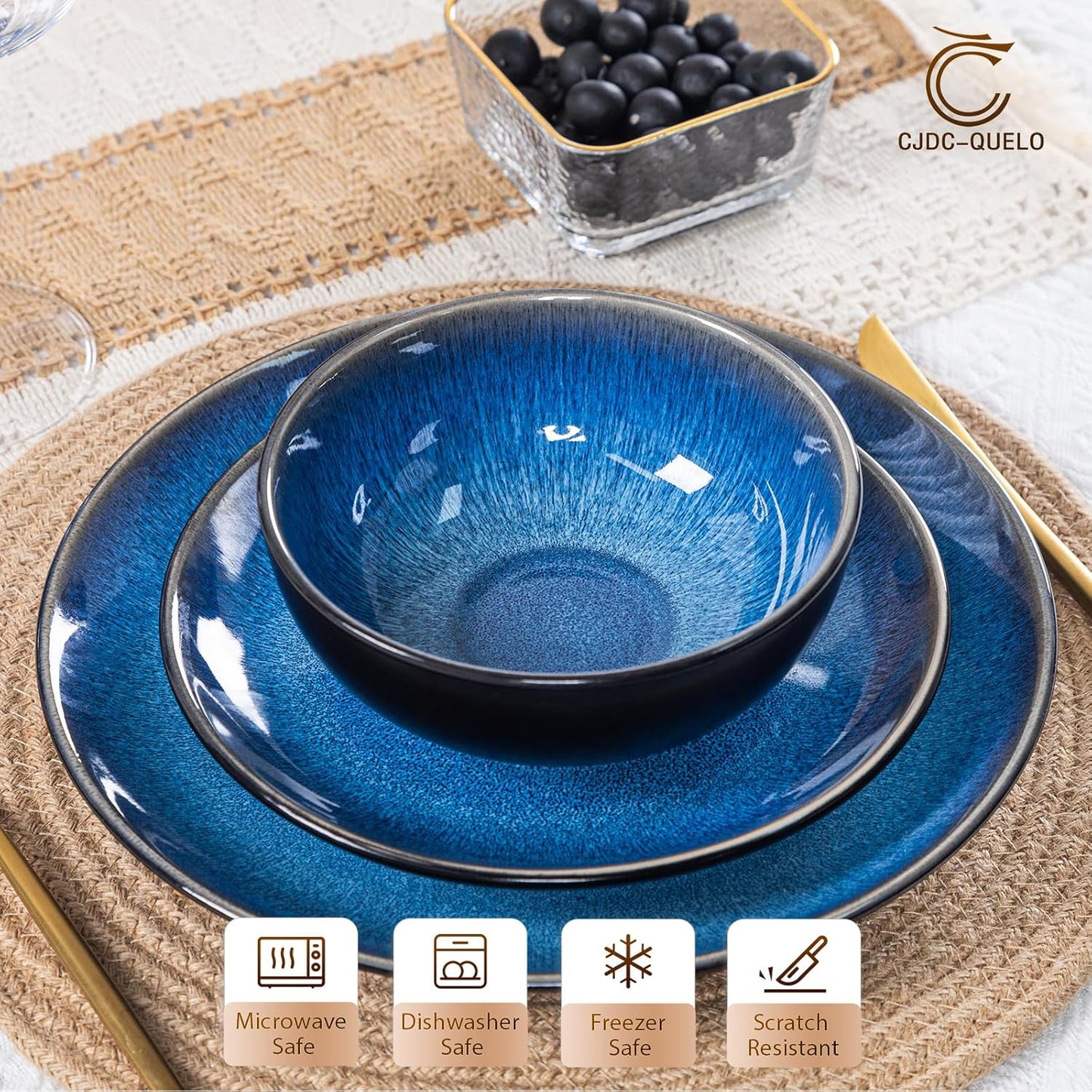 Plates and Bowls Sets for 4 - CJDC-QUELO 16-Piece Stoneware Dinnerware Sets, Ceramic Dishware Set for Kitchen Use and Formal Dining, Chip and Scratch Resistant Microwave Dishwasher Safe, Blue
