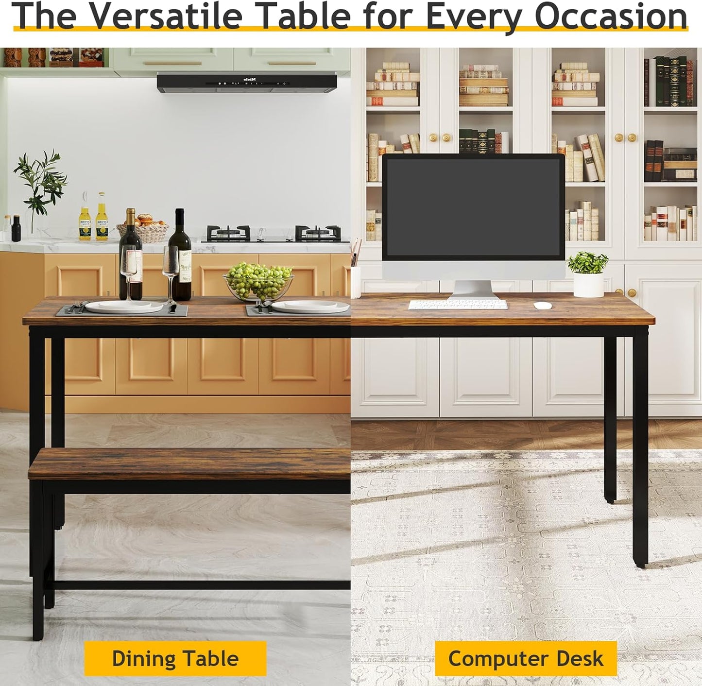 Rovibek Dining Room Table Chairs Set for 4, Modern Space Saving Kitchen Table with 2 Benches & Adjustable Feet Breakfast Table, Wooden Industrial Style Farmhouse, 43", Brown