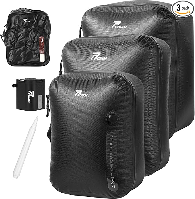 Vacuum Bags for Travel with Wireless Pump, 180° Open Zipper, IP67 Waterproof, Reusable Space Saver Compression Bags for Backpack(3 Pack + Pump)