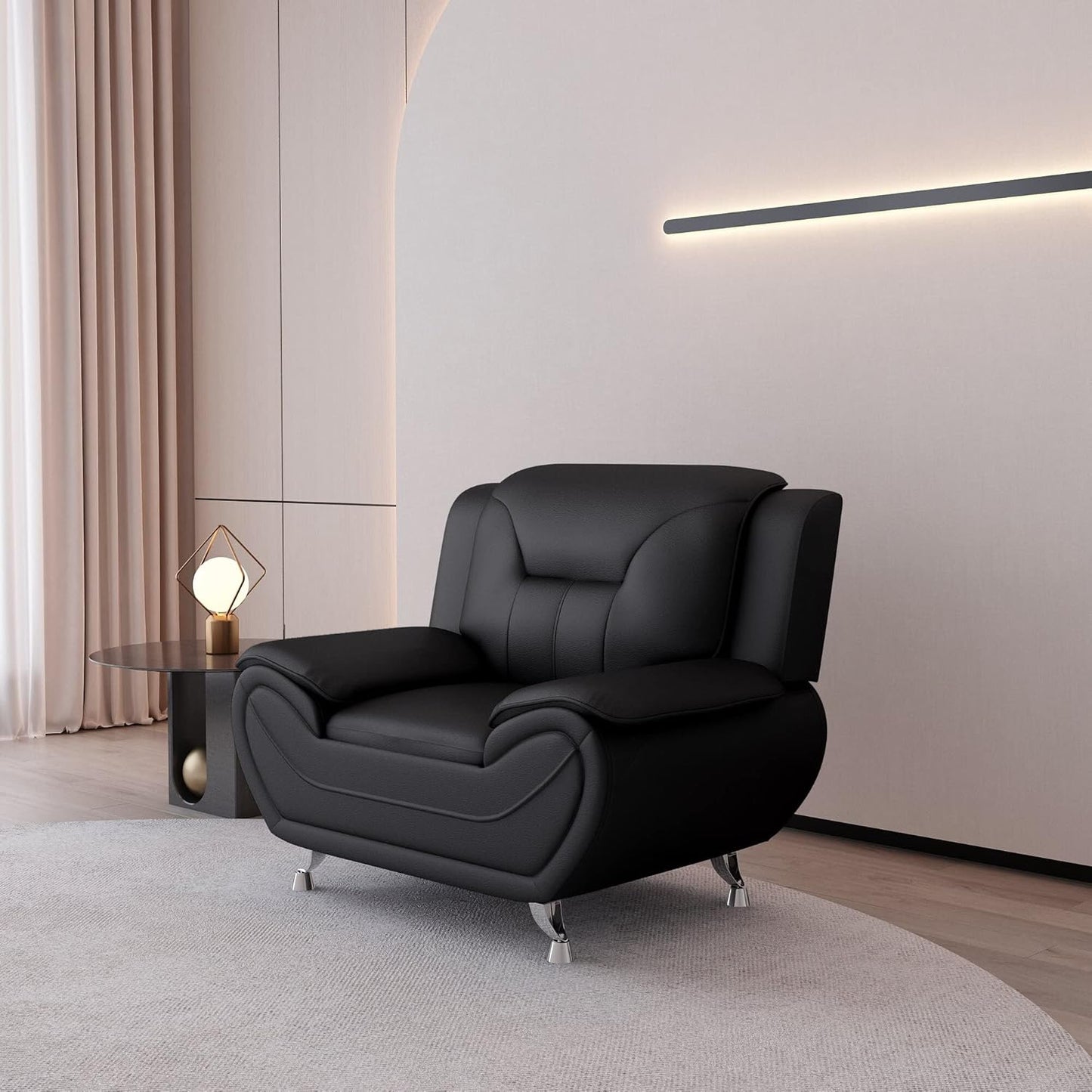 Container Furniture Direct Michael Modern Faux Leather Upholstered Stainless Steel Legs Living Room, Chair, Midnight Black