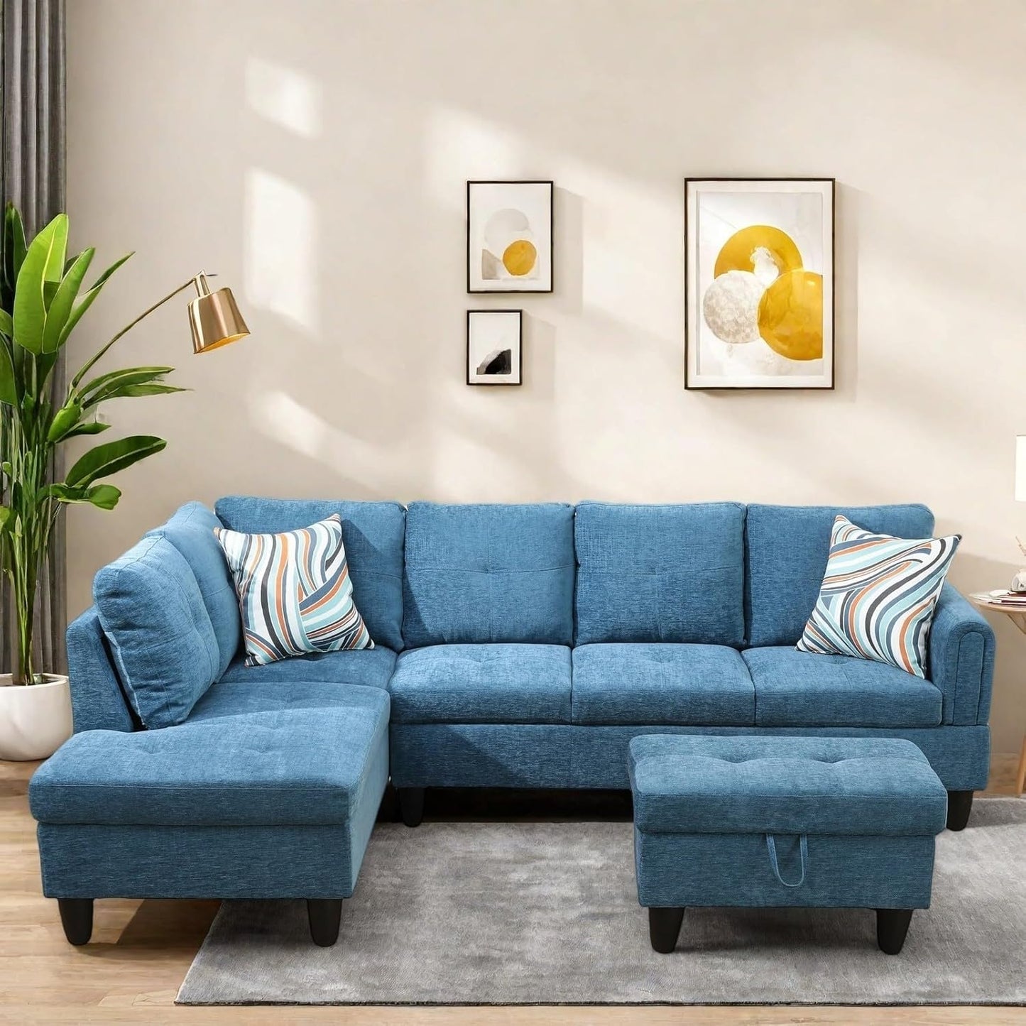 Sectional Couch with Ottoman Storage, L Shaped Couch Sofa Furniture Sets, Modern Modular Comfy Sofa for Living Room Bedroom, Blue