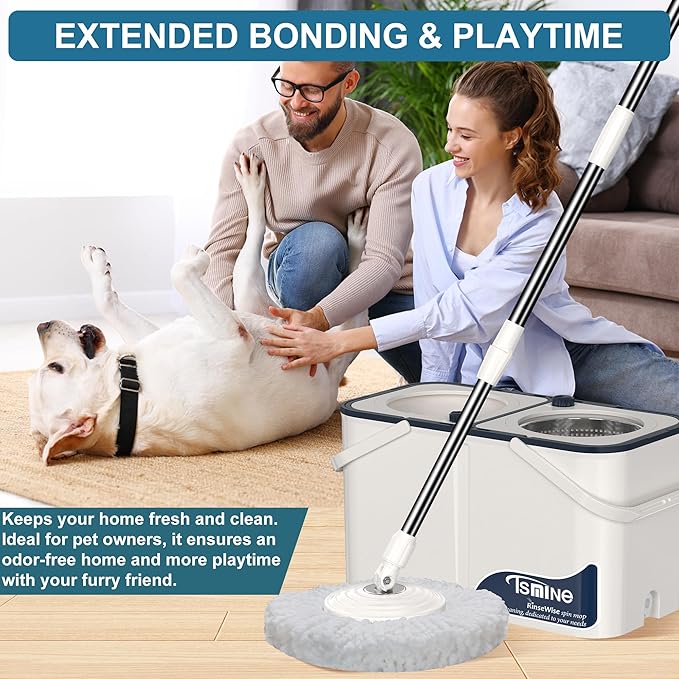 Gen 1 Large-Capacity Spin Mop and Bucket – for Big Homes & Deep Cleaning Days,4-Chamber System Separates Dirty & Clean Water, 2-GAL Heavy-Duty Design with Wheels & 10 Refill Mop Heads - White/Blue