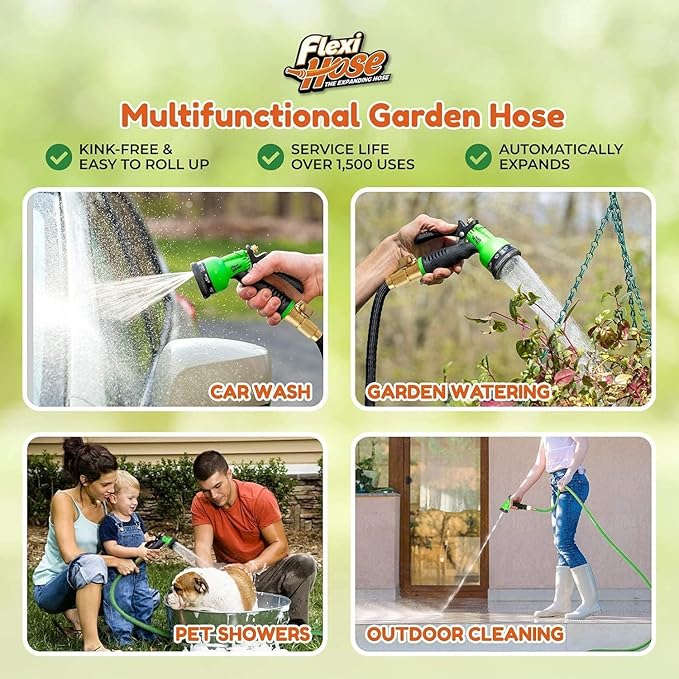 Flexi Hose with 8 Function Nozzle, 150FT - Lightweight Expandable Garden Hose, No-Kink Flexibility, 3/4 Inch Solid Brass Fittings and Double Latex Core - Green