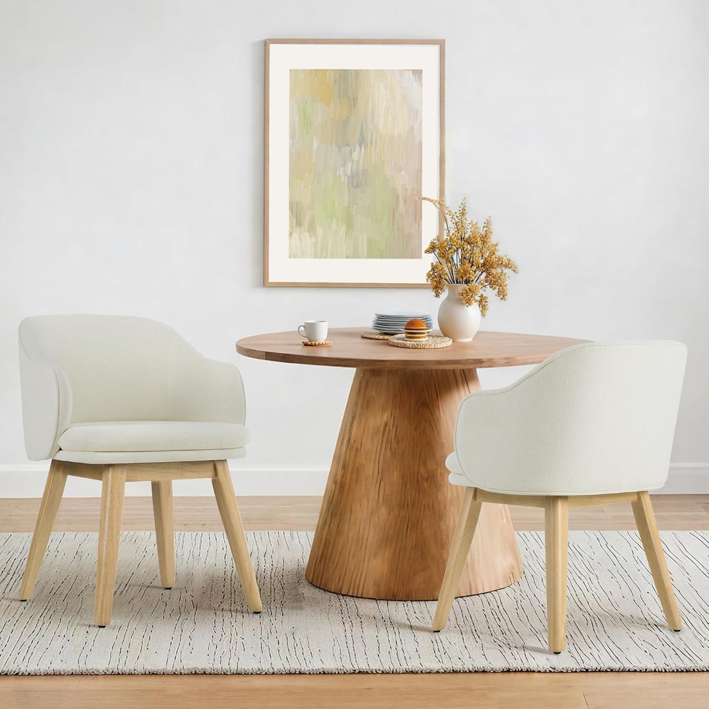 Wooden Dining Chairs Set of 2, Fabric Upholstered Modern Dining Room Chairs with Barrel Backrest & Double-Layer Thick Cushion for Living Room, Restaurant, Kitchen and Café, Beige