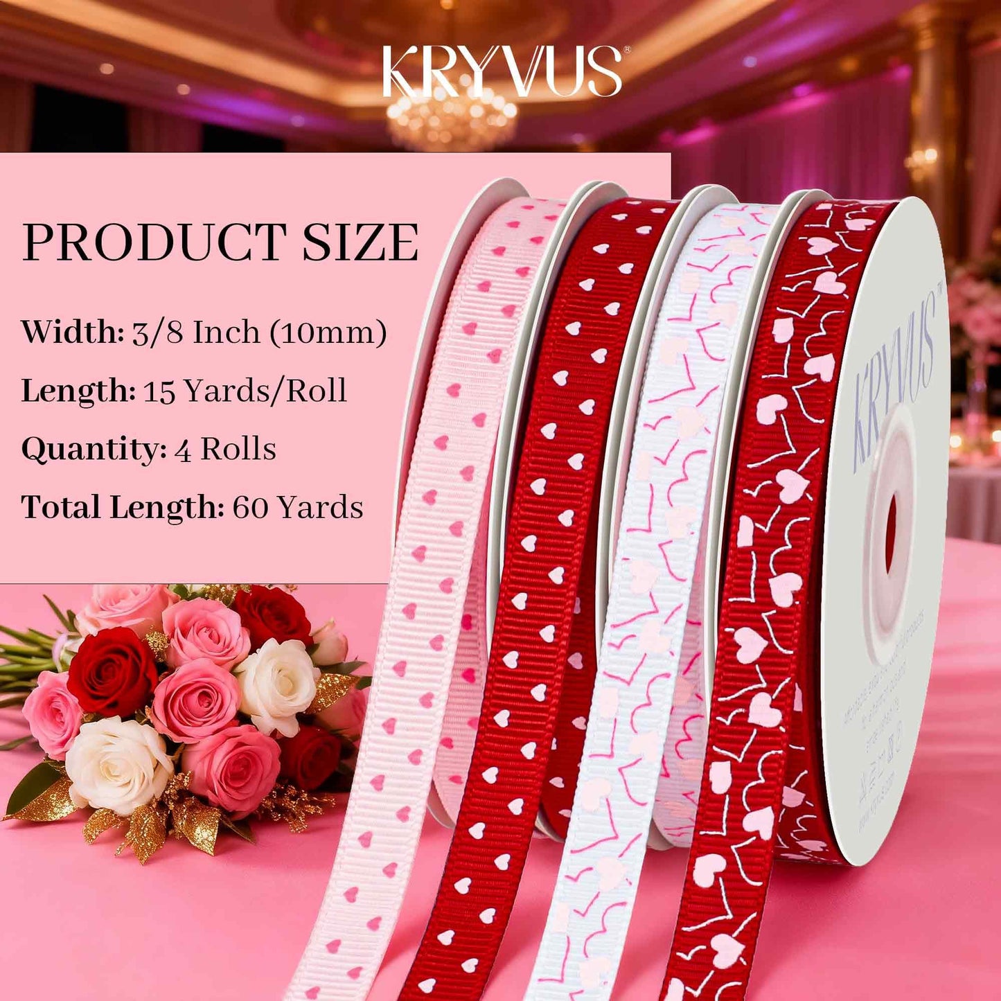 Kryvus Valentine's Day Ribbon Set - 4 Rolls Heart Printed Grosgrain Ribbon, 3/8 Inch x 60 Yards Total for Gift Wrapping, Crafts, Home Decor, Party Supplies (Red, White, Pink, Hot Pink)