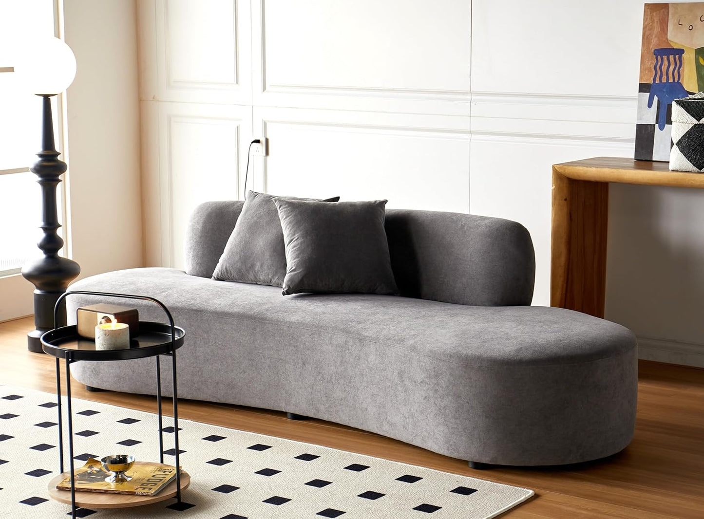 Container Furniture Direct 90" Curved Sofa with Throw Pillows, 4 Seater Luxury Velvet Couch with Half Moon Design and High-Density Foam, Ideal for Modern Living Room, Office & Apartment, Grey