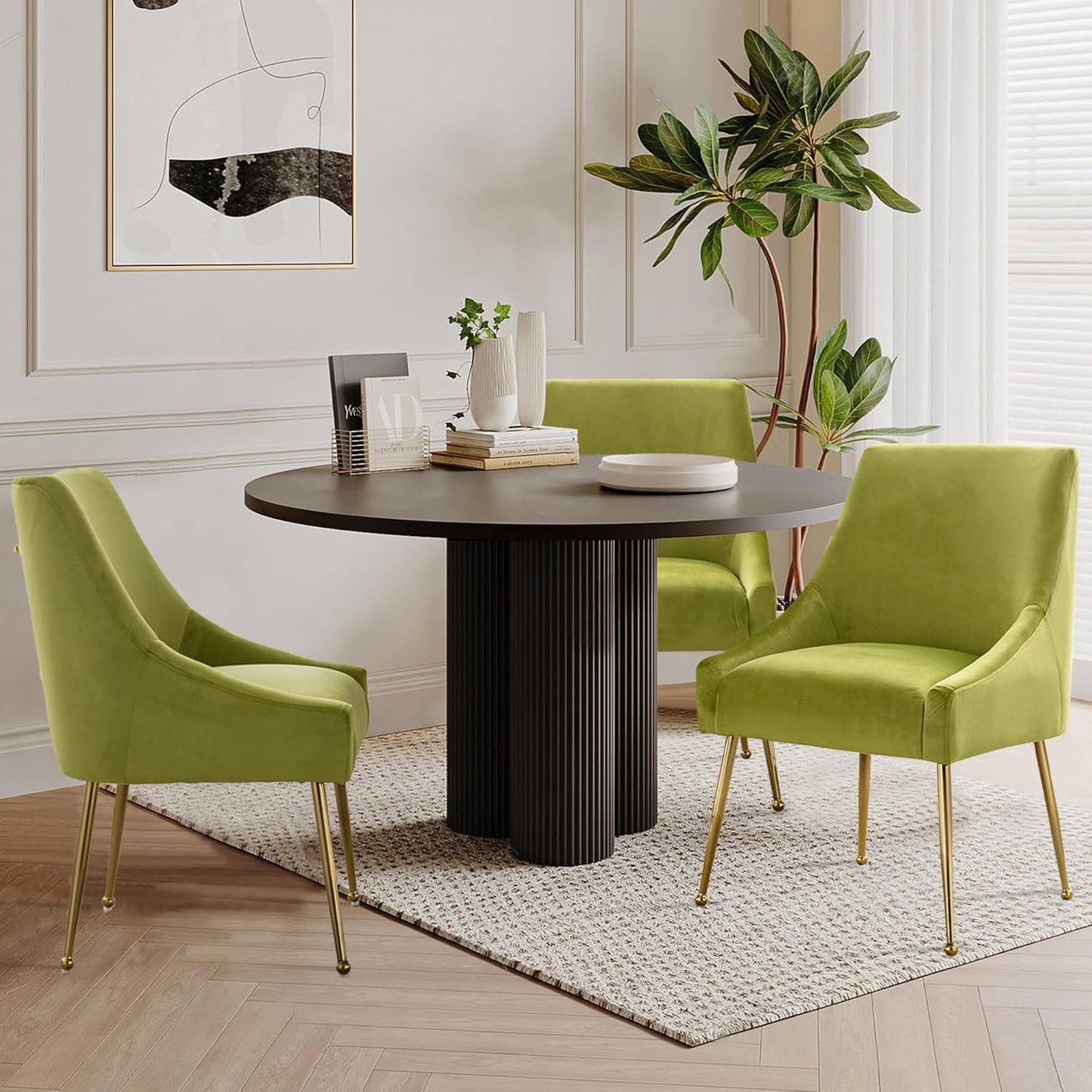 Modern Velvet Dining Chairs Set of 6, Contemporary Upholstered Furniture Collection with Polished Gold Metal Legs, Elegant Accent Chairs for Kitchen Living Room(Yellow Green)