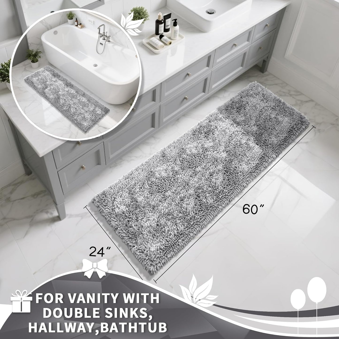 Yimobra Long Bathroom Rugs Runner 60x24 Inch, Extra Thick Soft Absorbent Chenille Bath Mat, Non Slip Machine Washable, Quick Dry Bath Rugs for Bathroom Floor, Tub and Shower, Light Grey