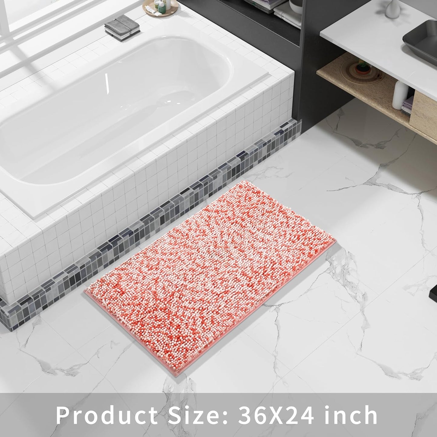 Yimobra Bath Mats for Bathroom Non Slip, 36x24, Extra Soft Chenille Bathroom Rugs, Luxury Fluffy Long Matts for Tub, Plush Shaggy Carpet, Water Absorb, Machine Washable, Orange & Pink