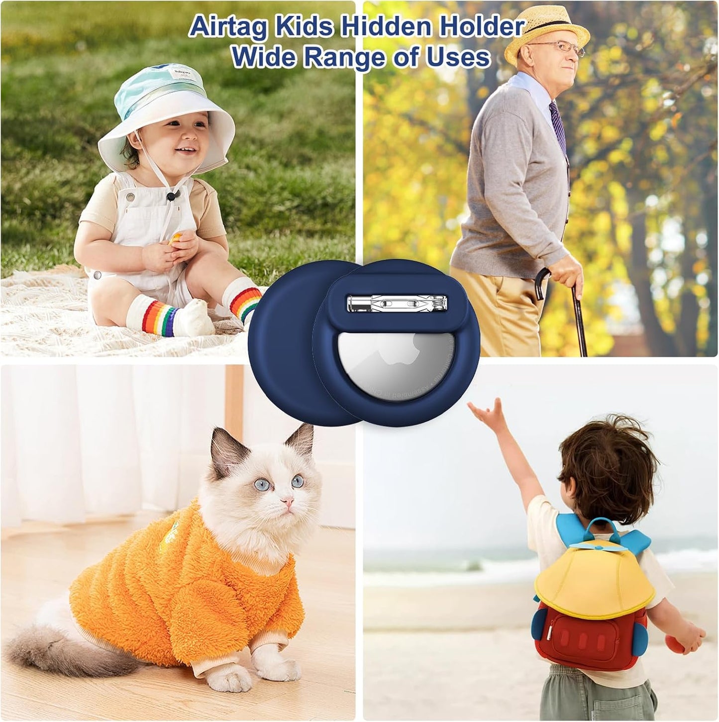 Compatible for Air Tags-4 Pack Apple Kids Hidden, for Airtag Holder for Kid, for AirTag Hidden Kids Holder with Invisible Pin, Anti Lost, for Kid, Elderly,Luggage,Clothing(Black Navyblue Orange White)