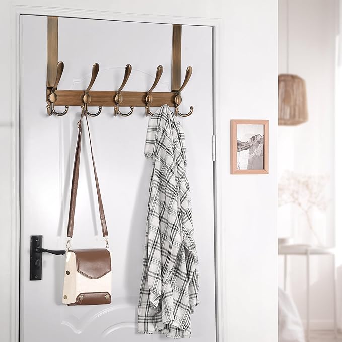 Dseap Over The Door Hook Hanger - 5 Tri Hooks, Heavy Duty Over The Door Towel Rack Coat Rack for Clothes Hat Towel,Red Antique Copper, 2 Packs
