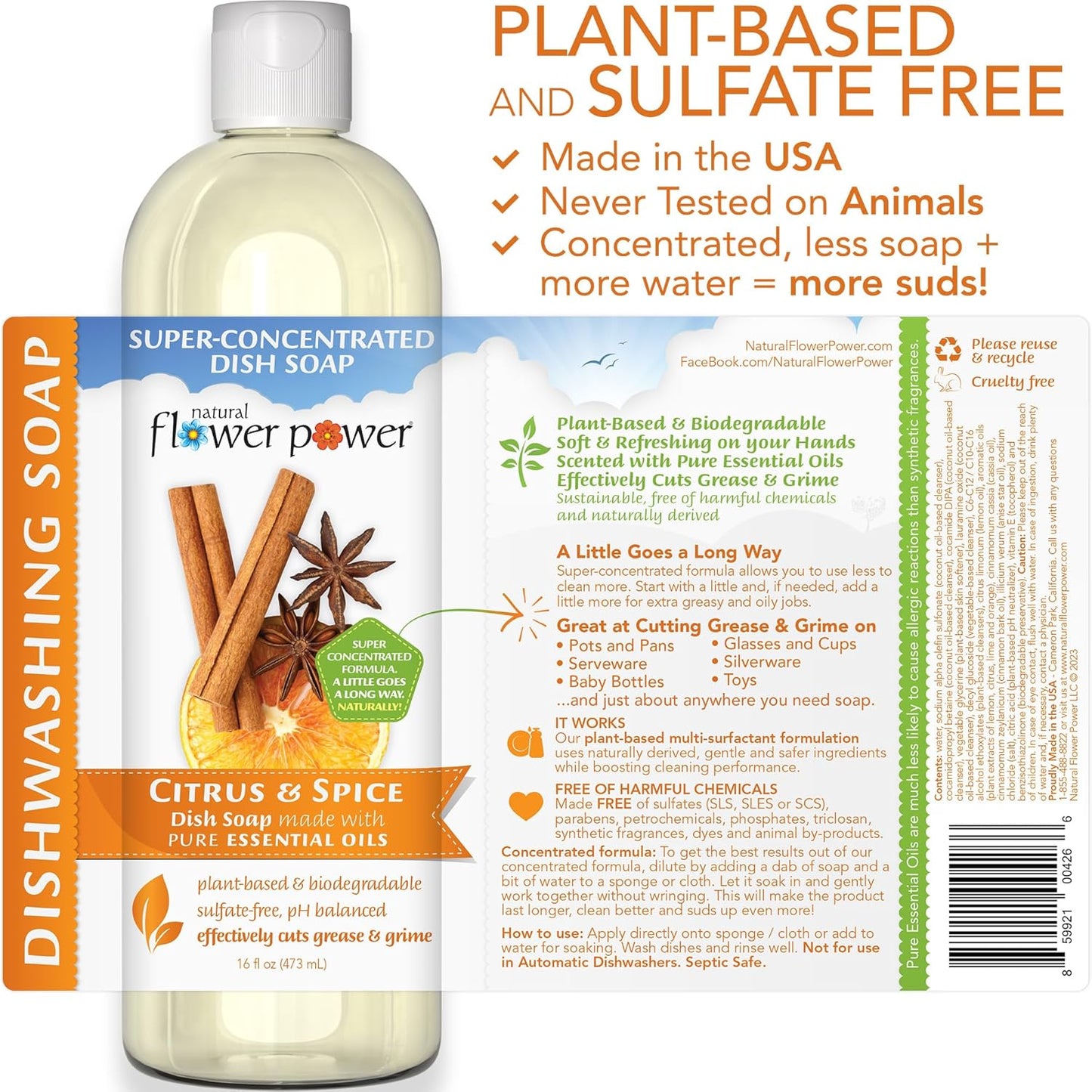 Natural Flower Power Liquid Dish Soap – Variety Pack – Citrus & Spice, Lemongrass, & Lavender – Plant-Based & Scented w/ Pure Essential Oils – Sulfate-Free Kitchen Soap – Vegan (16 Fl Oz 3 Pack)