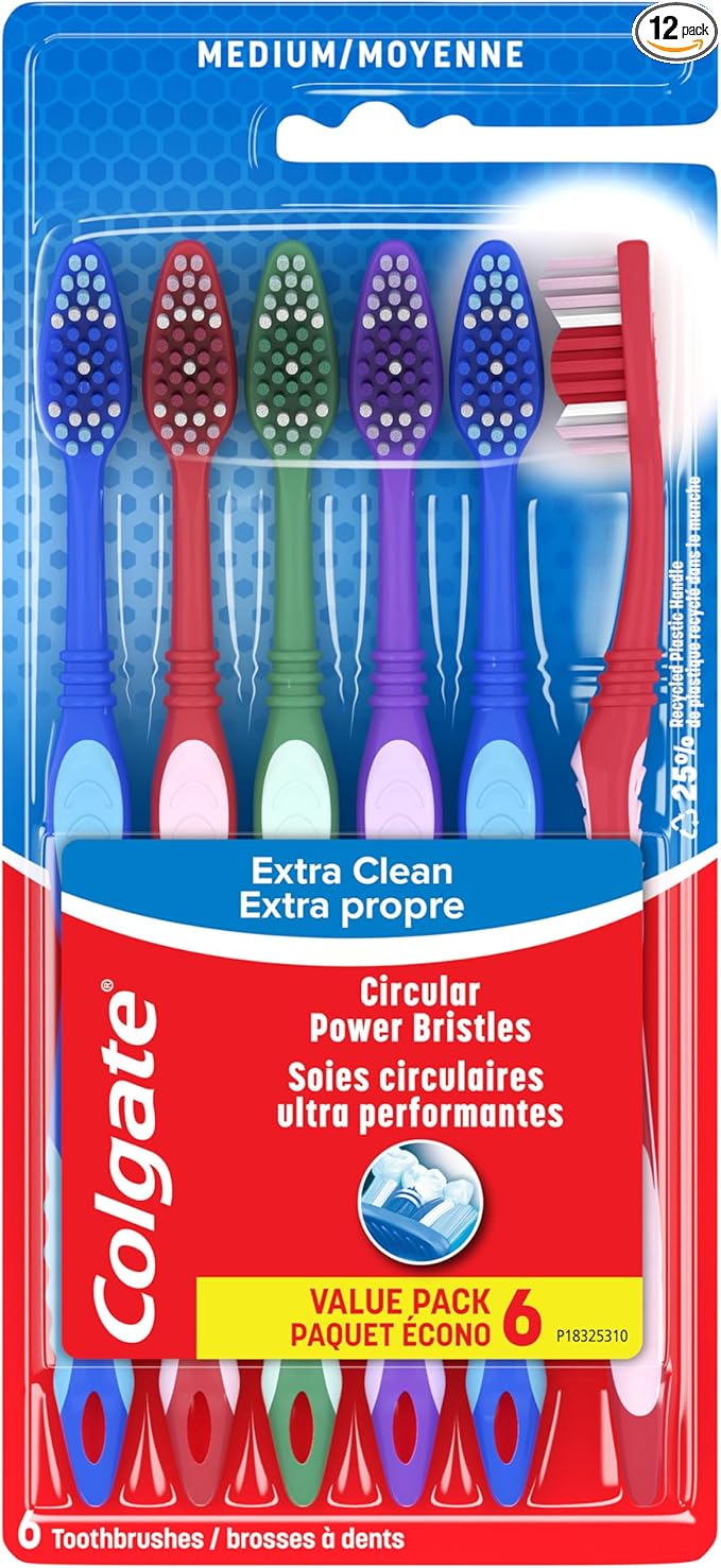Colgate Extra Clean Toothbrush, Medium Toothbrush for Adults, 6 Count (Pack of 12)