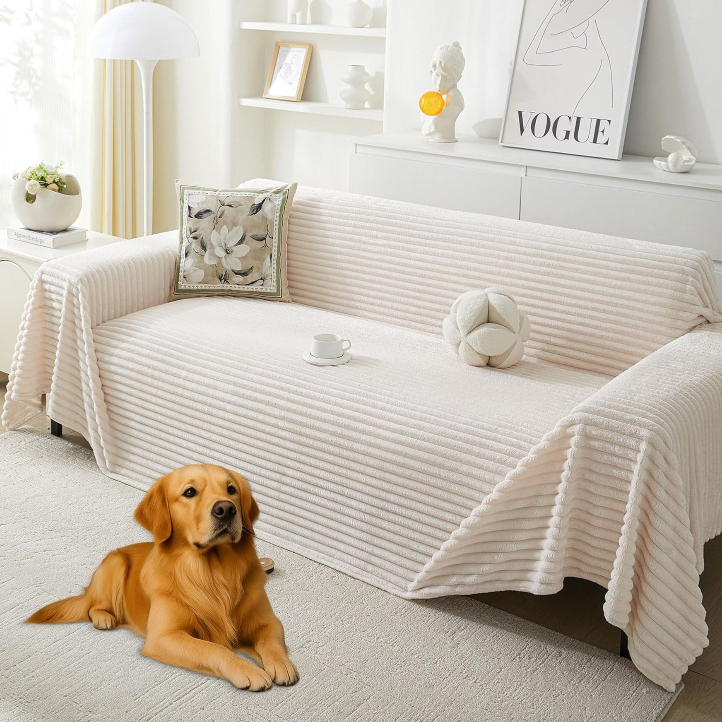 HAOMAIJIA Faux Fur Sofa Covers Couch Covers for 3 Cushion Couch Sofa Pet Friendly Soft Non Slip Couch Cover for Dogs Washable Sectional Couch Covers L Shape Furniture Protector (Off White, 71"x134")